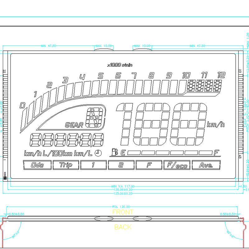 속도계를 위한 주문 HTN LCD 블루 스크린 7 세그먼트 LCD 디스플레이 HTN 네거티브 세그먼트 LCD 패널
